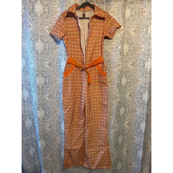 Authentic 70s Chic Costume Orange Jumpsuit Smiffys Retro Pattern Zip Closure Bel - Picture 5 of 8